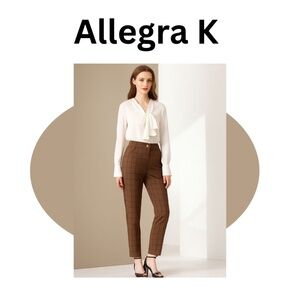 Allegra K Brown Straight Leg Pants with High Waist and Plaid Pattern